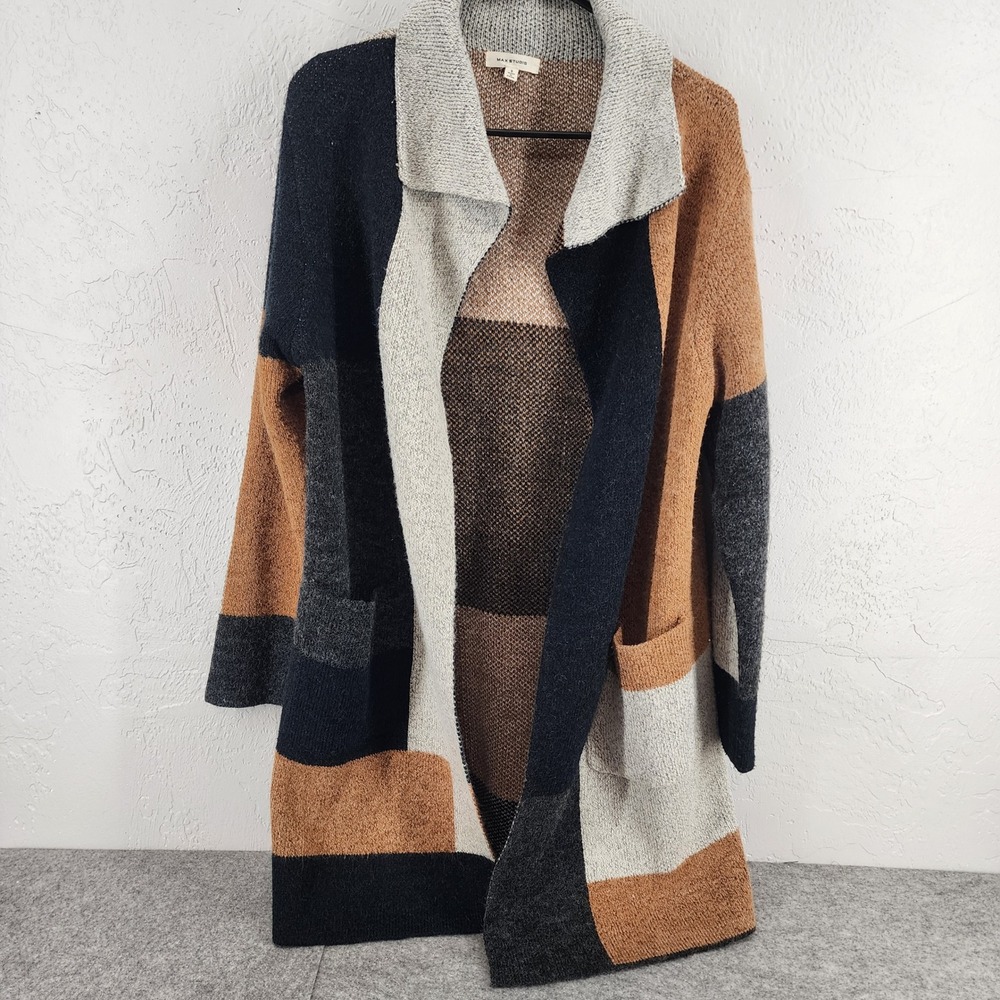 Max Studio Multicolor Patchwork Colorblock Open Front Cardigan Sweater Womens S